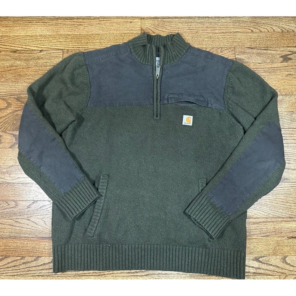 Carhartt 1/4 Zip Dark Green Heather Wool Nylon Men's Sweater Sz XL